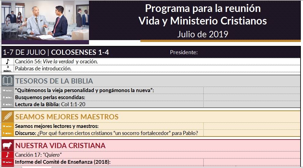 Programa Reunión Vida y Ministerio Cristianos en Excel, fácil y